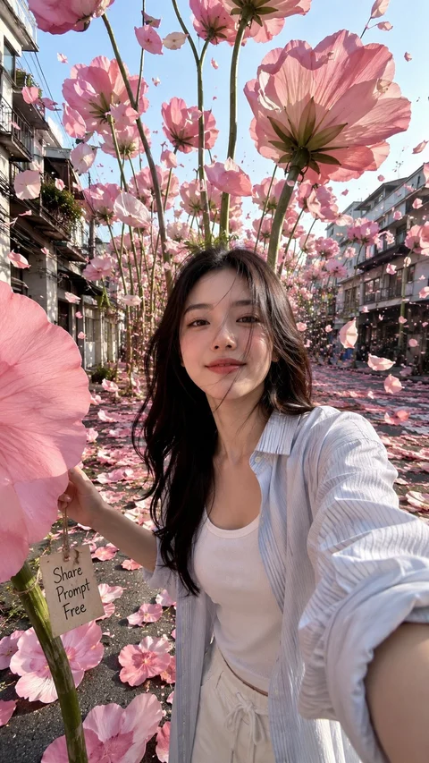 A person in a pale blouse stands beneath oversized pink flowers lining a bright walkway.
