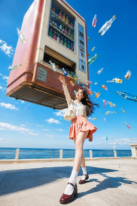 A person in a coral skirt reaches toward an enormous floating vending machine as objects scatter above a seaside walkway.