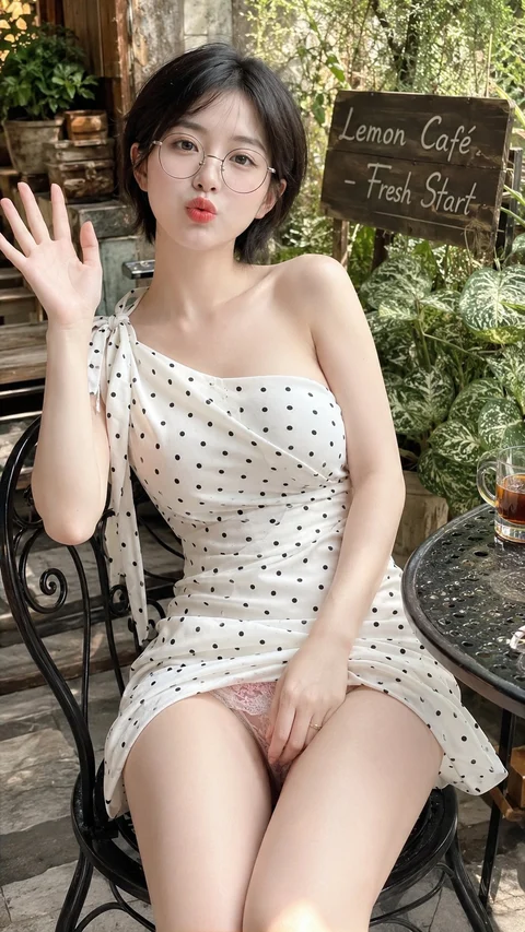 A short-haired woman in a white polka-dot dress waves while sitting on a metal chair at a leafy cafe.