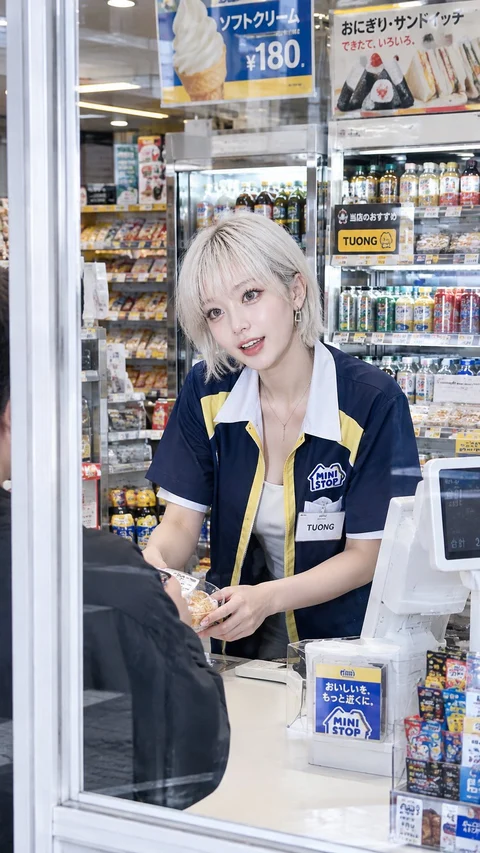 A smiling short-haired store clerk in a blue-and-yellow uniform sits behind a window with shelves of goods inside.