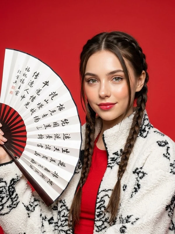 Woman holding a decorated folding fan against a red studio backdrop