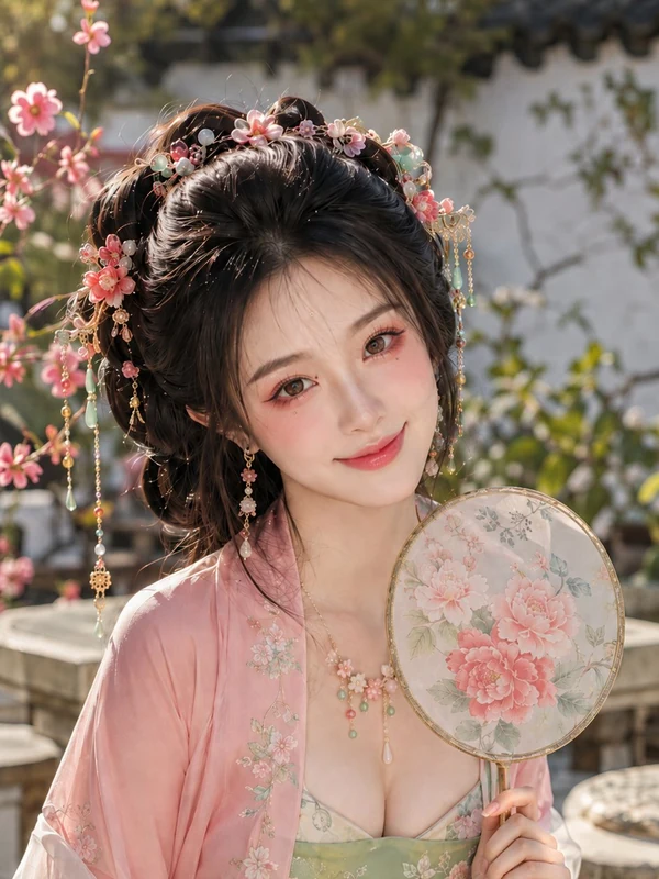 Woman in pink and green traditional clothing holding a floral fan in a garden
