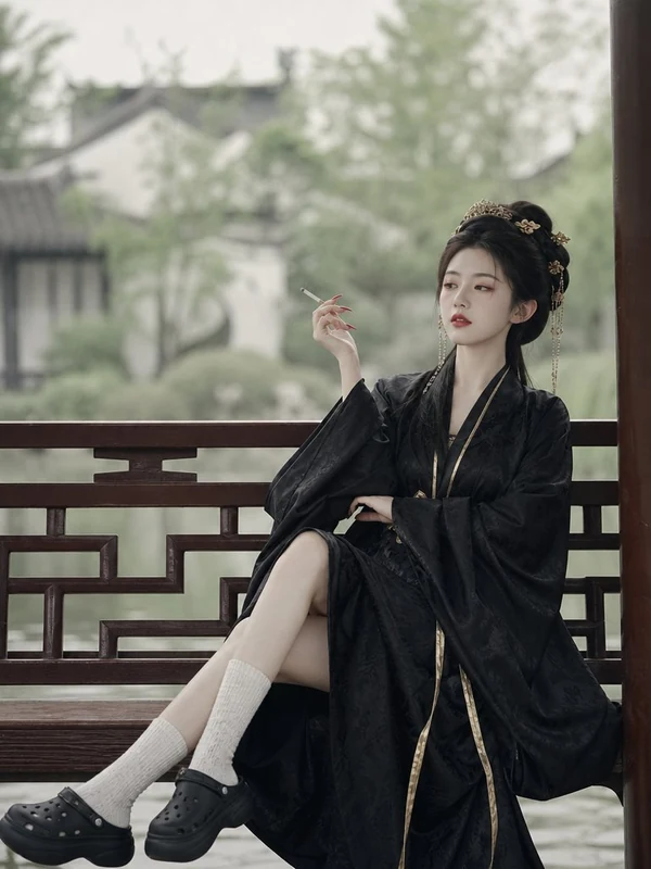 Woman in a black and gold traditional robe seated by a garden railing