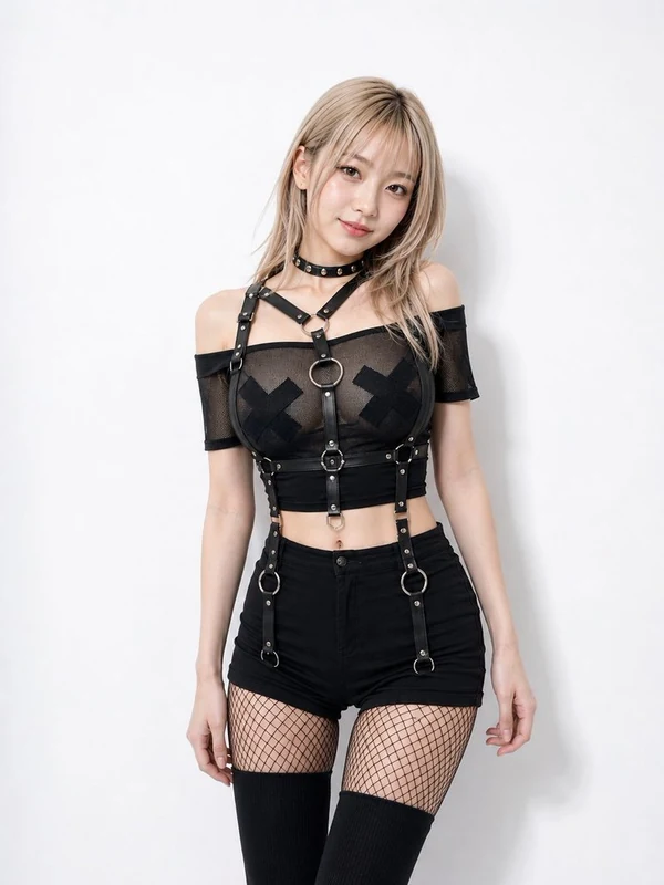 Woman in a black fashion outfit with silver hardware against a light studio background